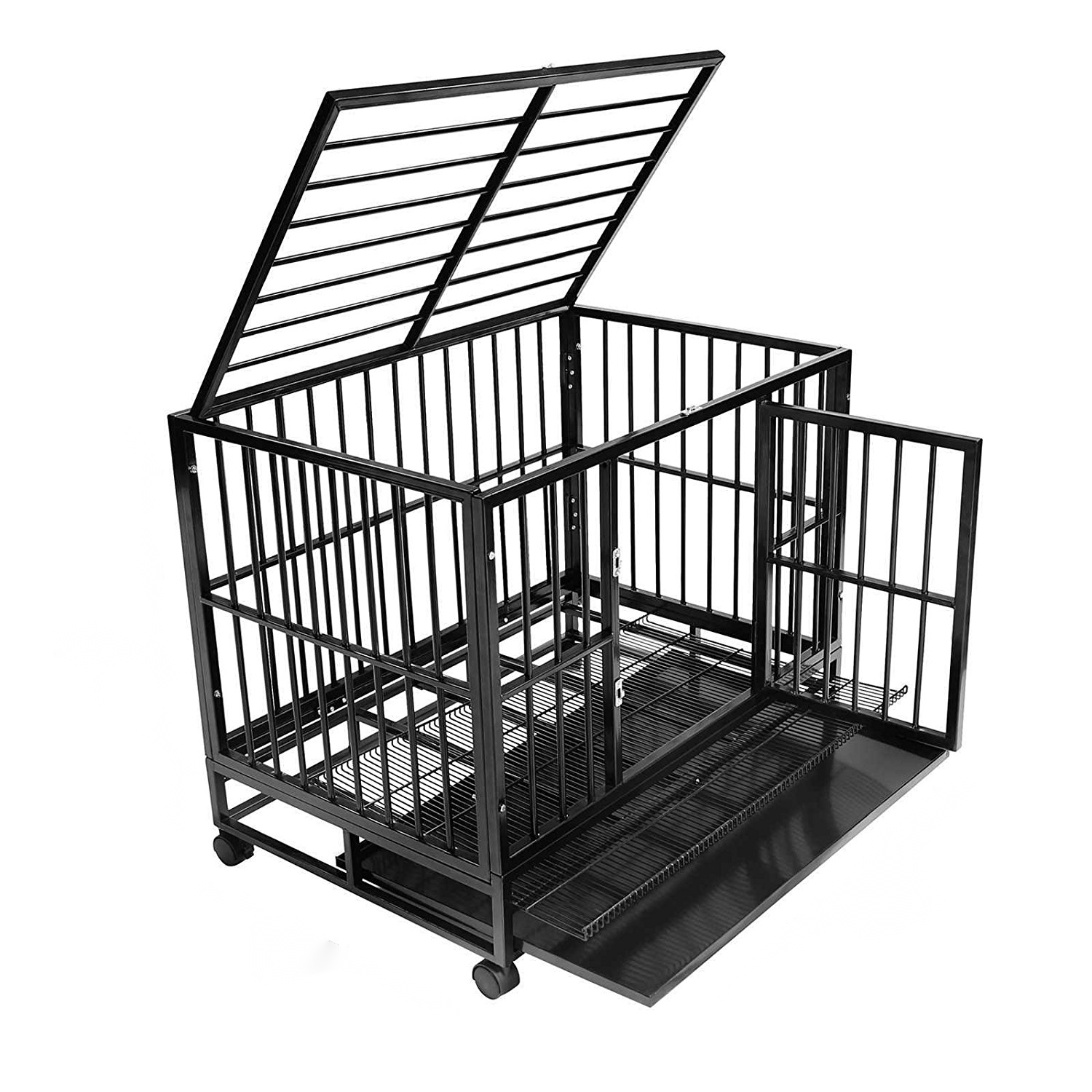 Heavy Duty Dog Crate Foldable Pet Cage Steel Kennel Durable Portable Wheel Black HMDC02